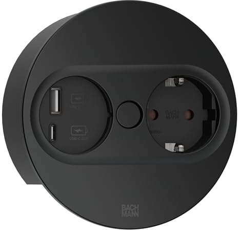 BACHMANN Prise encastrable TWIST 2 ronde, 1 prise avec USB-A et USB-C, câble de 2 m, prise de table pour cuisine et bureau, noir 946.104 (avec ouverture par pression, revêtement anti-traces de doigts)