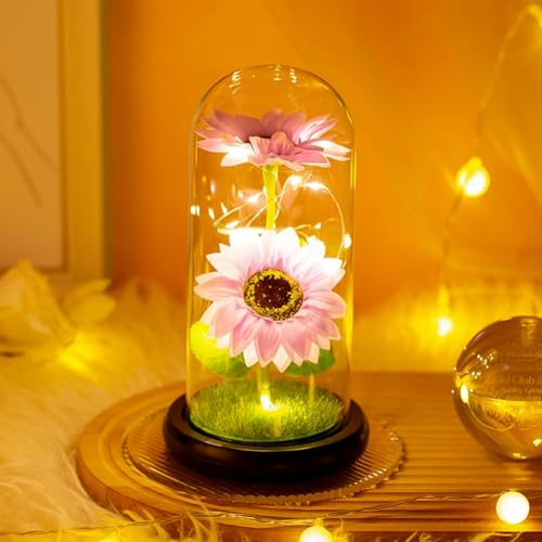 Bullpiano Enchanted Rose in Glass Dome with LED Lights,Glitter Sunflower in Glass Dome,Light Up Artificial Tulip Flowers,Valentine's Day Decoration,Rose Gift for Her,Girlfriend Wife Mom Present (B2)