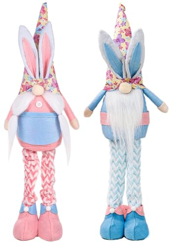 HOLIDYOYO Osterhasen-Zwerge 2 Plüsch-Kaninchen-Zwerge Mit Teleskopbeinen Gefüllte Skandinavische Elfenpuppen Ornamente Für Frühlings-Osterparty-Dekoration