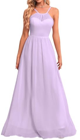 WSEYU Vestido de dama de honor de gasa halter para boda, tirantes delgados, acampanado, largo, formal, vestido de fiesta de graduación, Lila, 46