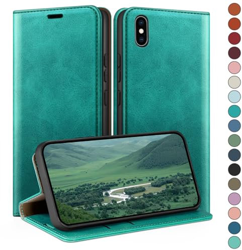 HUOUH für iPhone X/XS 5,8 Hülle mit RFID Schutzhülle aus Lederhülle Handyhülle,360 Grad Schutz Case,Kartenfach Leder ständer Handy hülle für Apple X/XS Klapphülle Wallet Cover Blaugrün