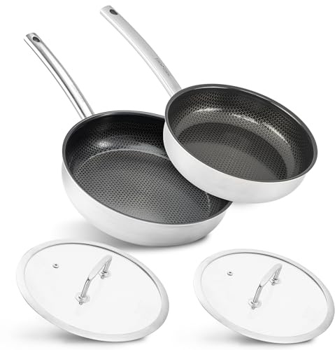 Moritz & Moritz Edelstahlpfannen mit Deckel 24 & 28cm und Keramikbeschichtung der neuesten Generation - für alle Herdarten geeignet - Antihaft Pfannenset Wabenstruktur zum Kochen, Braten und Schmoren