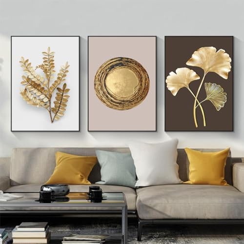 KXHHYB Gold Ginkgo Biloba Wandbilder,3er Set Poster goldene Pflanzen Blätter Poster Kunstdrucke Bilder,Wandbild Print Bilder Kunstposter Deko für Wohnzimmer-ohne Rahmen (A,30x40cm*3)