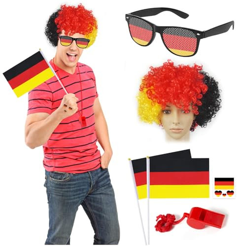 Deutschland Fanartikel EM 2024 Deutschland Deko Set Klein Deutschland Flagge Deutschland Aufkleber Fanbrille Trillerpfeife Perücke Deutschland Fußball EM 2024 Deko für Fußball WM