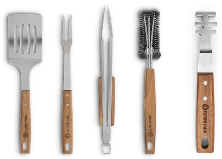 Set de Ustensiles pour barbecue en acier inox avec manches en bois d’acacia et un œillet de suspension - 5 pièces