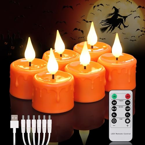 FREEPOWER 6er Orange LED Teelichter Aufladbar mit Fernbedienung Timer Flackern, Warmweißes Licht, Elektrische Wiederaufladbare Kerzen mit USB Kabel, Halloween Familie Deko, Ø4 x 5,5cm