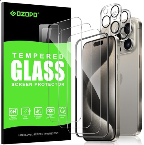 GOZOPO Pellicola protettiva per iPhone 15 Pro, 3 pezzi, con 2 protezioni per fotocamera e supporto per posizionamento, trasparenza ad alta risoluzione, durezza 9H, antigraffio, senza bolle