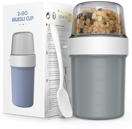 JSCORES Müslibecher to Go mit Löffel, 560ml+310ml Auslaufsicherer Joghurt to go becher für Unterwegs (Morandi Grau)