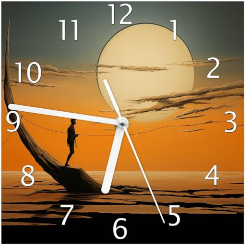 Wallario Design-Wanduhr Einsam im Sonneruntergang aus Glas, Motiv-Uhr Größe 20 x 20 cm, weiße Zeiger