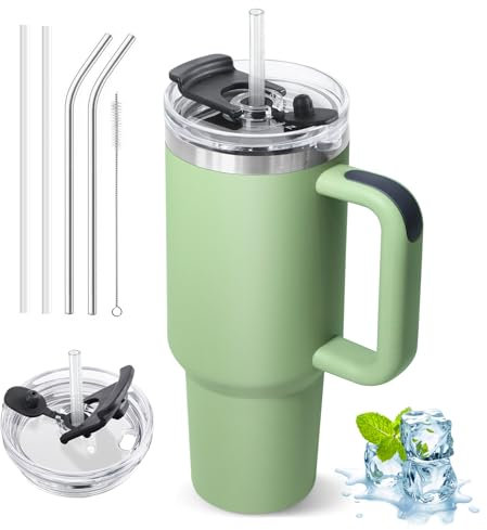 ZAKVOP Taza Termo cafe para Llevar, Taza Termica 1200ml con Tapa y Pajitas, Vaso Termico con Asa, Tumbler para Frío y Caliente, Travel Mug con Tapa Multifunción (Verde Menta)