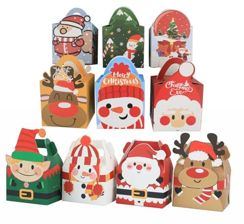 10 Stück Geschenkbox Weihnachten, Karton Geschenkboxen Weihnachten, Geschenkkarton Weihnachten Faltboxen, Papier Weihnachts Geschenkbox mit Henkel,Geschenkschachtel Xmas für Kekse Party Dessert