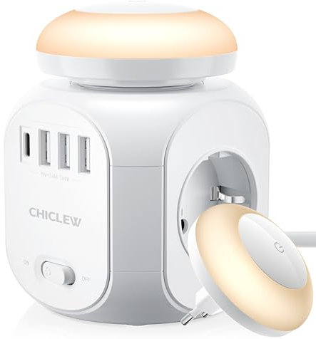 CHICLEW Multiprises Parafoudre avec USB, Cube Multiprise Electrique avec 4 Prises, 3 Ports USB et 1 Port Type-C, Prise Electrique avec 1,8 m de Rallonge et Veilleuse LED pour Bureau Maison Voyages