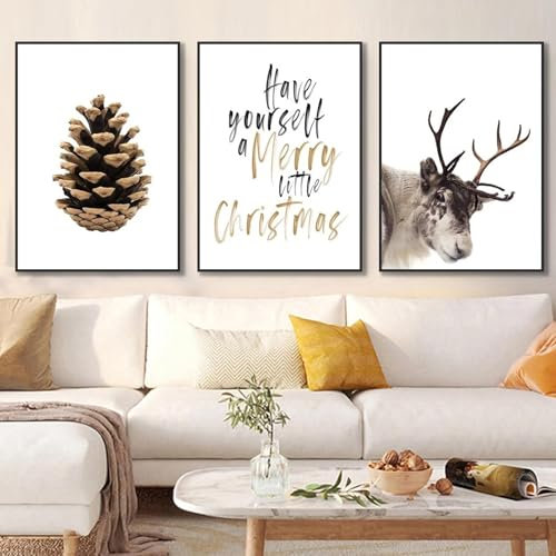 3er Premium Winter-Schnee-Landschaft Bild, Moderne Poster Aesthetic Wandbilder Set, Ohne Rahmen Leinwand Drucke Print Kunstposter, Wald, Baumhaus, Hirsche Deko Für Wohnzimmer Schlafzimmer (21x30 cm)