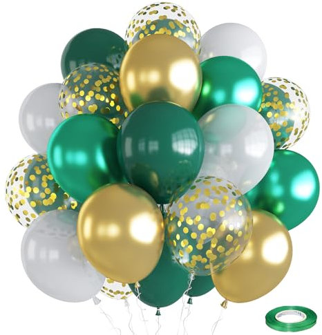 Luftballons Grün Gold Weiss, 35 Stück Dunkelgrün Weiß Metallic Chrom Grün Gold Konfetti Ballons Grun Gold Geburtstagdeko Luftballons für Dschungel Safari Geburtstag Party Babyparty St.Patrick's Deko