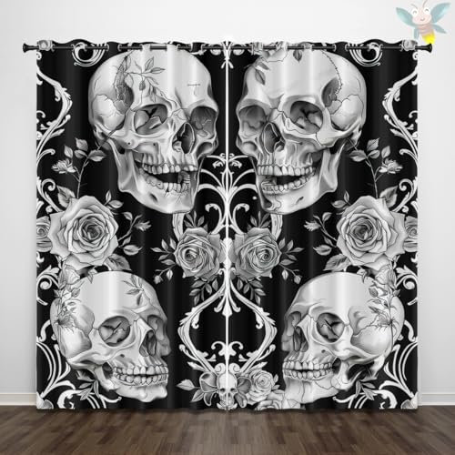 ZZTBQ Totenkopf Kurz Gardinen Blickdicht Gothic Skull 3D Blumen2er Set H 100 x B 90 cm Ösenvorhang Vorhang Verdunkelungsvorhang Totenkopf Weiß mit Ösen Thermovorhang