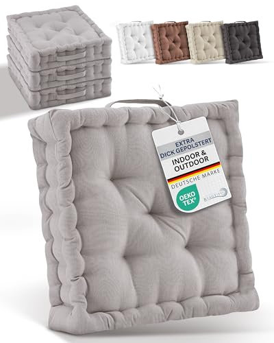 Beautissu 4er Set Bodenkissen Sitzkissen 40x40 cm - Dickes Matratzenkissen 8cm - 100% Baumwolle Stuhlkissen Indoor & Outdoor Sitzkissen Boden Tragegriff extra Dicke Sitzauflagen Taupe - Mila