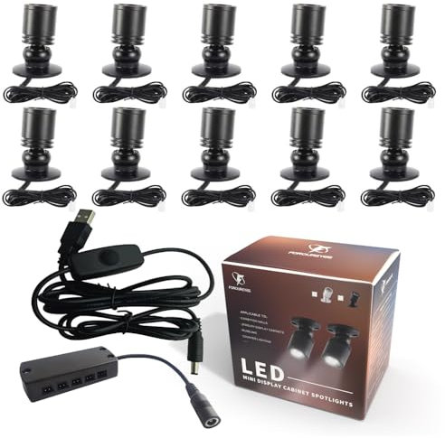FOROUREYES 10x dimmbare Mini LED Strahler schwarzem Aluminium Lampenkörper (Warmweiß) - 360° schwenkbar mit Atemlicht-Effekt für Ladenregale & Vitrinen (USB 5V,)