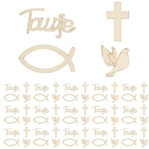 JEYORZY 60 Stücke Kommunion Konfetti Kommunion Streudeko Taufe Konfetti Fisch Streudeko Taufdeko Holz Tauben Tischdeko Firmung aus Holz Deko Kreuz zum Basteln DIY Konfirmation Deko Junge Mädchen