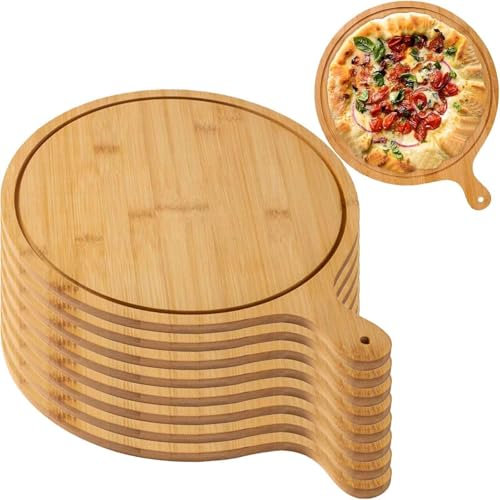 Set 8 Pezzi Tagliere Legno Rotondo con Manico, Piatti per Pizza da 15 a 33 cm, Vassoio Leggero per Servire, Tagliare e Riporre Pizza, Pane, Formaggiprimary Color,9inch