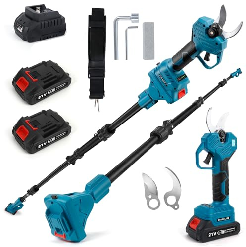 Cesoie elettriche compatibili con Makita 18 V, apertura 60 mm, 4 velocità | 2 batterie da 2,0 Ah, con palo da 2,4 m, diametro di taglio da 30 mm, display LCD, per rami, fiori