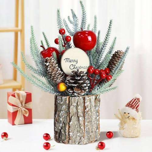 Durdiiy Künstliche Weihnachtsblumen, Mini-Weihnachtsbaum, künstliche Pflanzen in Holzfässern, handgefertigt, exquisit, nordischer Desktop-Tischschmuck, Weihnachtsgeschenke, Dekorationen für Zuhause