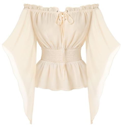 SCARLET DARKNESS Damen Renaissance Corsagenbluse Schulterfrei Trachtenbluse | Schnürkragen mit Rüschen, Glockenärmel, Elastische Taille, Mittelalter Kleidung Bluse Damen