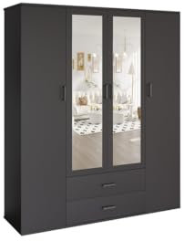 Meublorama Armoire Tom - 4 portes avec miroirs - Couleur gris anthracite - L160 cm - Design moderne et grande capacité de rangement
