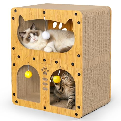 Gimars Kratzbrett Katzenhaus aus Pappe für Katzen, für Wohnungskatzen zum Kratzen und als Möbelschutz, doppelte Katzenhöhle für Mehrkatzenhaushalte, 51 x 43 x 28.5 cm