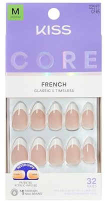 KISS CORE Press On Nails, ‘Curiosity’, White, Medium Length, Almond Shape, Includes 32 Nails, 2g Glue, 1 Manicure Stick, 1 Mini File