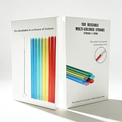 Plastic Straws Pack of 100 Reusable Straws with Brush 21mm x 6mm Perfect for Cocktails, Milk, Juice, Tea (Drinking Straws)（Rainbow）