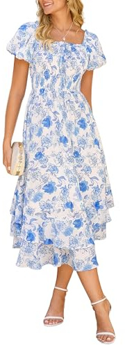Women Summer Dress Square Neck Smocked A-line Floral Dresses Blue White