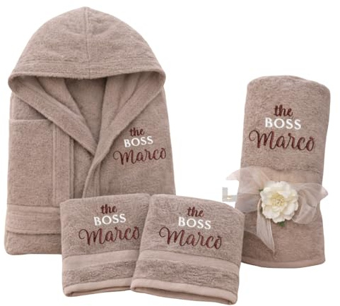 D&Vlab Kit Set 4 pz Accappatoio e 2 Asciugamani viso e bidet + Telo Doccia Grande Personalizzati con Nome Ricamati - in morbida spugna di cotone - Idea regalo per Uomo Donna Lui e Lei BOSSES