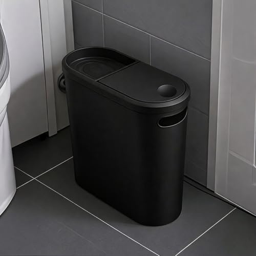 Taylor & Brown 10 Litre Slim Bathroom Trash Can Dust Bin with Touch Top Lid and Handle, Garbage Bin for Bedroom Kitchen Living Room Office, Black