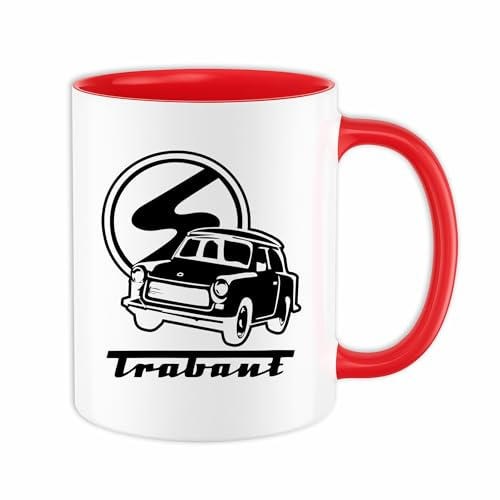 Trabant Tasse | Geschenkidee Ostdeutschland Kaffeetasse - Kaffeebecher mit Trabant Logo – DDR Kultauto | M2 Weiß-Rot