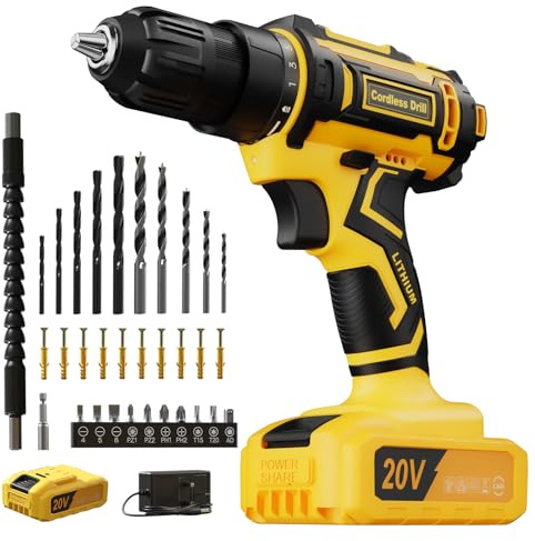 20V Cordless Drill Set, Power Drill bit Sets, Hand Drills Driver 370 Inch Pounds 25+1 Torque Setting, 3/8” Inch Keyless Chuck, 42PCS Accessories LED Light, 2.0Ah Battery for Home Repair DIY Gift