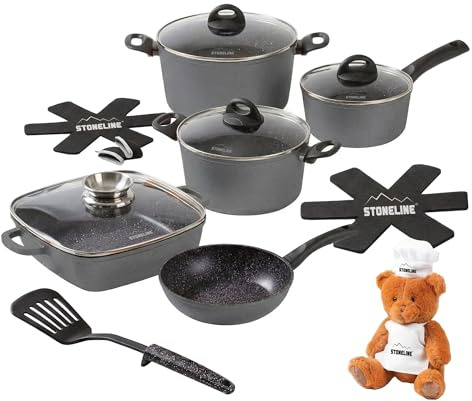 STONELINE Set di pentole da 15 pezzi, 18/20/24 cm, con coperchio, padella a induzione, antiaderente, rivestite con vere particelle di pietra, tutti i piani cottura, colore: grigio