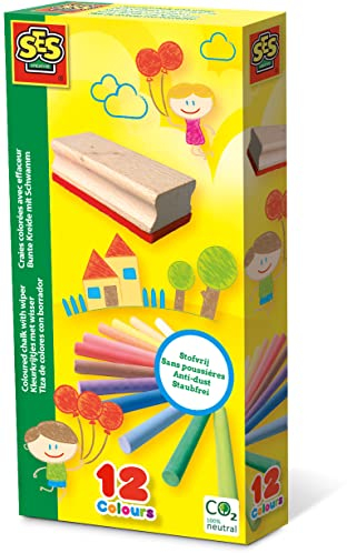 SES Creative | 12er Set Farbkreiden mit Radiergummi | Kreative Kinderspiele | 12 verschiedene Farben | Fördert die Vorstellungskraft | Staubfreie Kreiden | Nachhaltig | für Kinder ab 2 Jahren