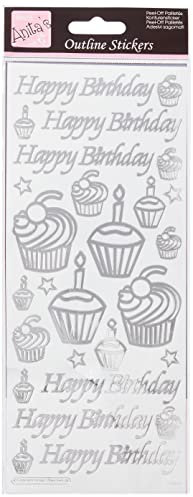 Anitas Outline Stickers, Birthday Cupcake, Silver on White, For Scrapbooking, Card Making, Kids Play, Homework, Art, Craft, Embelish, Decorative, Paper, Card, Glass, Metal, Plastic, Foam