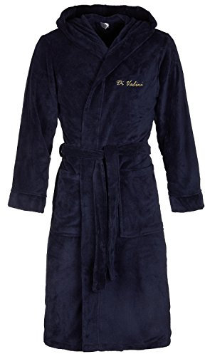 Di Vadini Unisex Herren Damen Bademantel Florenz mit Kapuze I Morgenmantel flauschig I Nachtwäsche aus edler Mikrofaser Farbe: Navy-Gold Gr. S