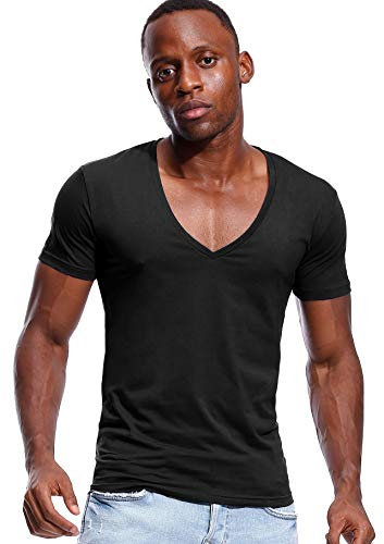 Deep V Neck T Shirt for Men Low Cut Stretch Tee Vee Top Short Sleeve Black XXL