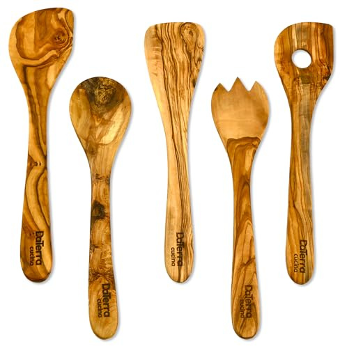 DaTerra Cucina -12-Inch Olive Wood Cooking Utensil Set 5-Piece Tool | Handcrafted Olive Wood, Natural Grain Finish, Nonstick Cookware Safe, Durable Construction, Elegant Gift For Home Cooks