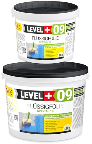 Level + 09 Flüssigfolie Spezial für Balkon, Terrasse, Bad & Dusche | Dichtfolie unter Fliesen auf Beton, Putz & Estrich – Flüssigabdichtung, Wasserdicht, Frostbeständig & Gebrauchsfertig – 16 kg