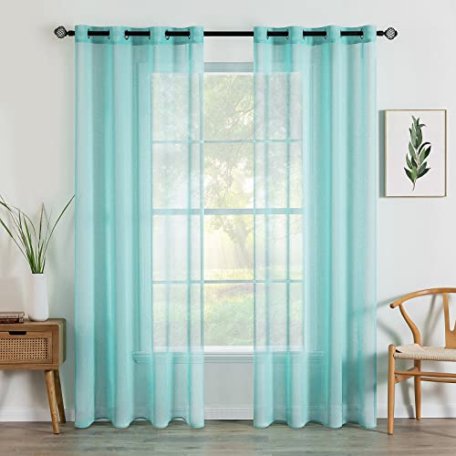 MIULEE Sheer Voile Vorhang mit Ösen Transparente Optik Gardine Vorhänge Ösenvorhang Ösenschal Transparent Durchsichtig Fensterschal für Schlafzimmer Wohnzimmer Babyroom 140x215 cm (B x H) Türkis