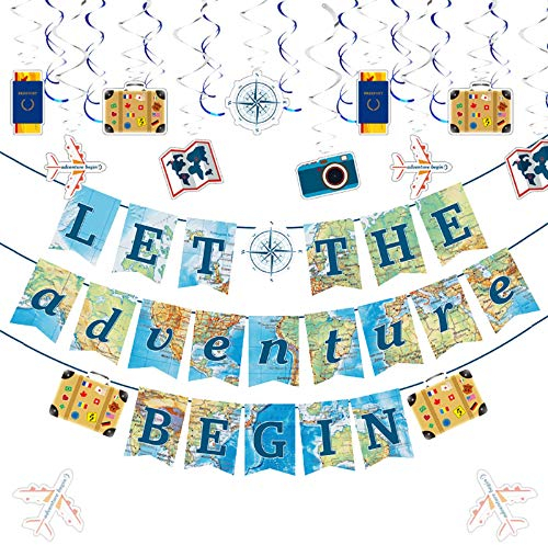 JeVenis Banner mit Aufschrift Let The Adventure Begin, Reise-Thema, Ruhestandsdekoration, Partydekoration, Partydekoration, 9 Stück