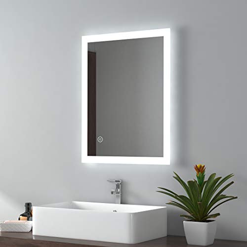 EMKE 450 X 600 mm Illuminated Backlit LED Bathroom Mirror, Wall Mounted Multifunction Bathroom Vanity Mirror with Lights and Demister Pad, Energy-Saving Illuminated Smart Mirror