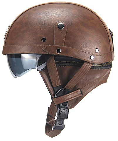 Oldtimer Motorradhelm Retro Leder Halbhelm Deutscher Stil Roller Cruiser Chopper Anti-Collision Helm mit Visier DOT Zertifiziert Roller-Helm Scooter-Helm Mofa-Helm Motorrad HalfHelm B,56~61cm