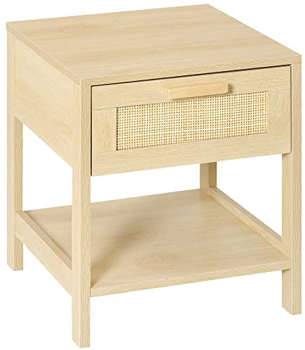 HOMCOM Nachttisch Nachtschrank Beistelltisch natürlicher Nachtkommode mit Schublade offenen Ablage Rattan-Design MDF Natur 40 x 40 x 48 cm