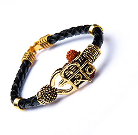 Wonder Care Rudraksha Shiv Om Trishul Damroo Kada für Männer,Bahubali Manschettenarmband für Männer, Religiöse Messing-Kada | Armband in freier Größe für Rakshabandhan, Rakhi-Armband für Bruder