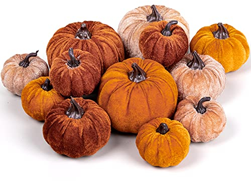 Whaline 12 Calabazas Artificiales de otoño, 3 tamaños, Calabazas de Terciopelo Falso, Naranja, marrón, Caqui, Calabazas pequeñas, de Espuma, Centro de Mesa para otoño, Cosecha de otoño, Acción de