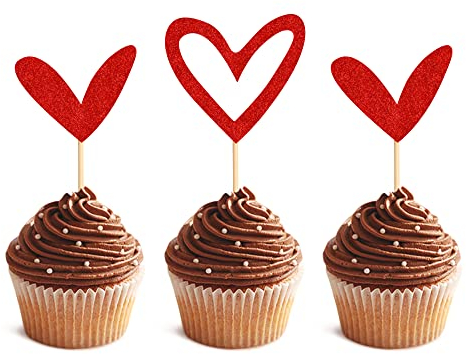 Blumomon 24Pcs Red Glitter Heart Cupcake Toppers Cute Design Love Cupcake Toppers for Valentine Day Wedding Bridal Anniversary Baby Shower Party Decorations Supplies